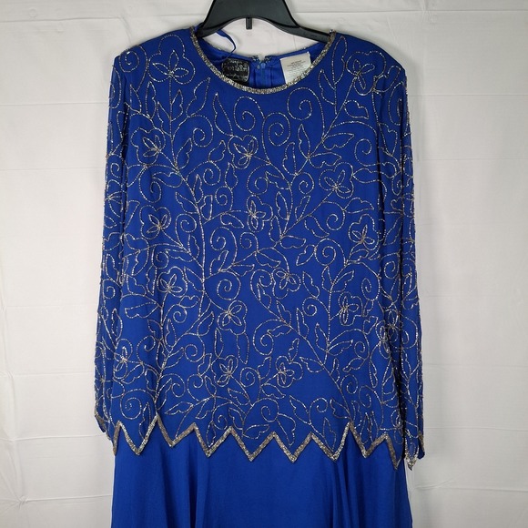 Vtg Jean for Joseph Le Bon Formal Dress Size 16 Blue Beaded Top‎ Flowy Skirt - Picture 3 of 16